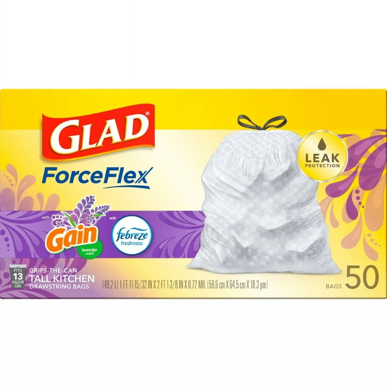 Glad ForceFlex 13-Gallons Gain Lavender White Plastic Kitchen Drawstring Trash  Bag (50-Count) in the Trash Bags department at