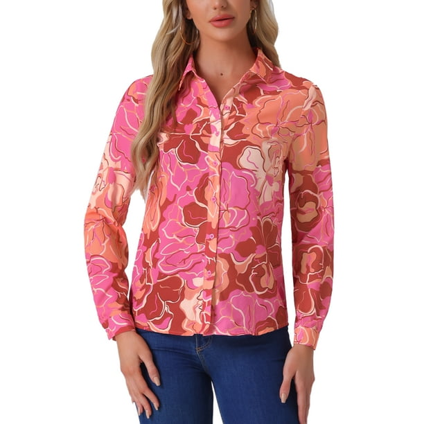 CAMISA DE BOTONES PARA MUJER INSPIRADA CHIC, CON ESTAMPADO FLORAL, MANGA LARGA, CUELLO PUNTA, TOP DE OFICINA, L ROJO ROSA