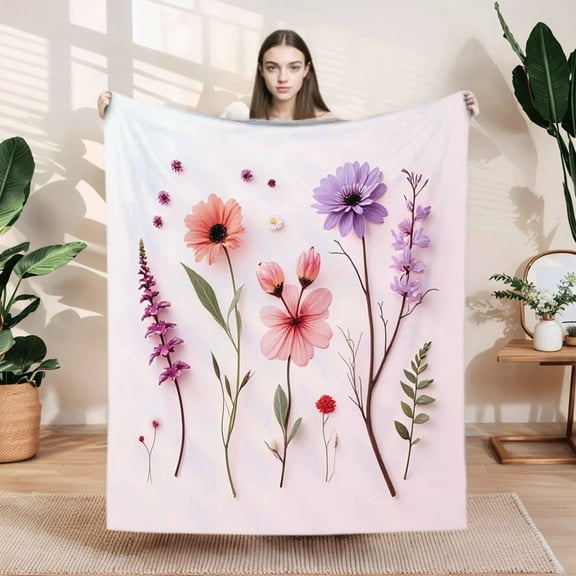 Stylish Floral Pattern Flannel Blanket - Soft Warm & Cozy for Sofa Travel Bed & Chair - Perfect for Whimsical Decor