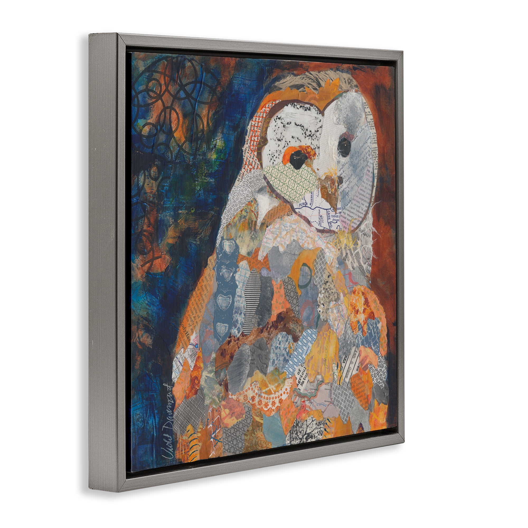 Stupell Industries Collage Patterned Owl Animals Painting Gray Floater Framed Canvas Art Print Wall Art, 18 x 18