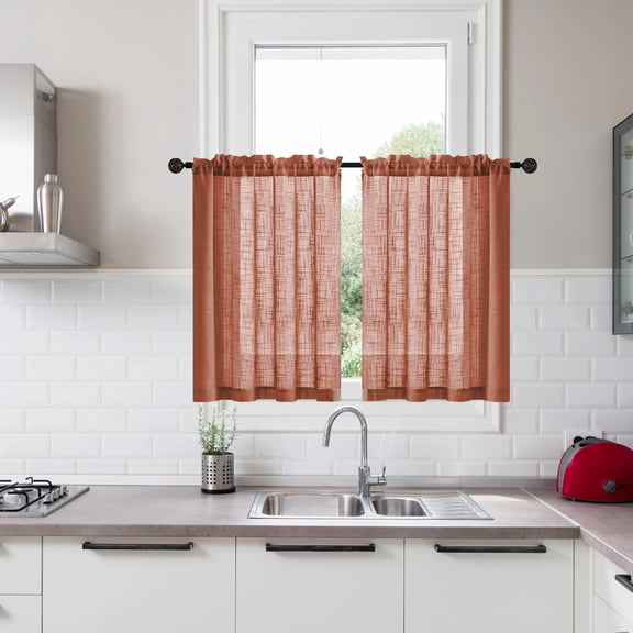 2pcs Short Kitchen Curtains Sheer Cafe Curtain for Window Over Sink,Farmhouse Short Tier Curtains Rod Pocket Semi Sheer Half Kitchen Curtain Burlap Light Filtering Thick Linen Drapes for Bathroom