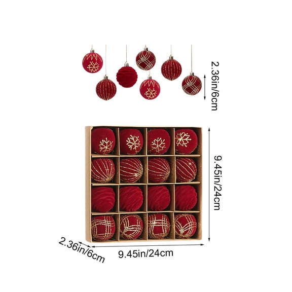 16 Pcs Red Flocked Christmas Ball Ornaments,2.36in Velvet Suede Baubles with Gold Glitter Snowflake & Line Patterns,Textured Hanging Balls for Xmas Tree Winter Holiday Xmas Party Decor