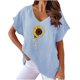 thumbnail image 1 of Camiseta de Manga Corta con Cuello en V con Impresión de Girasol, Algodón Casual Y Top de Cáñamo, 1 of 6