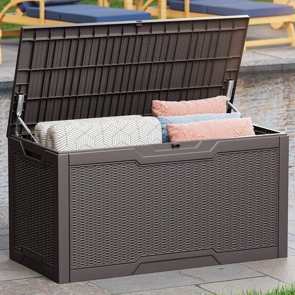 Uforic 100 Gallon Large Resin Deck Box, Waterproof Lockable Outdoor Storage Container for Patio Garden, Dark Brown