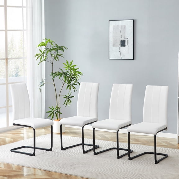 4-Pack White PU Upholstered Dining Chairs, High-Back with Black Powder-Coated Metal Tube Legs for Dining Room, Kitchen & Living Room