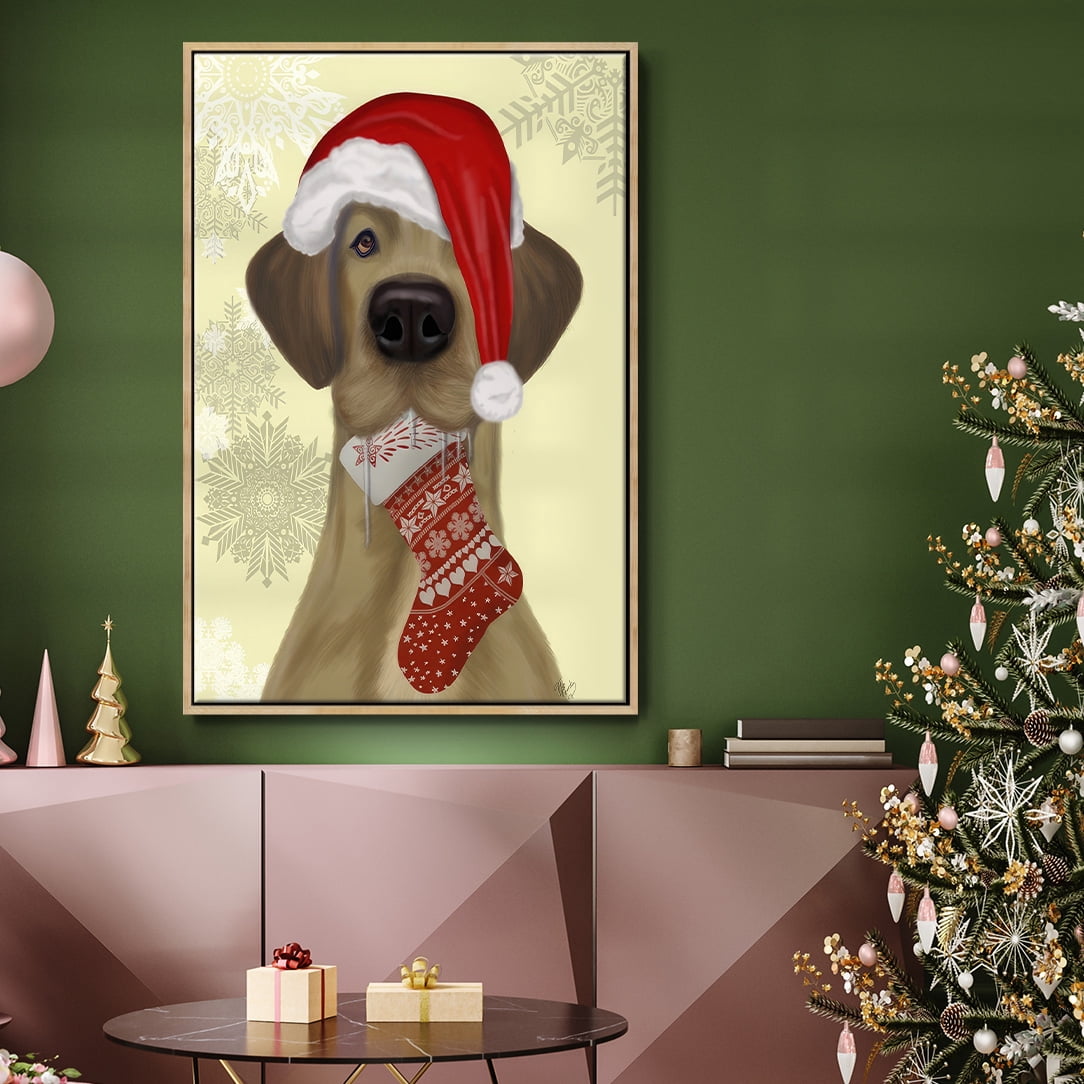 Christmas Drooly Christmas Dane - Framed Gallery Wrapped Holiday Canvas - 27 x 41 - Natural Wood Frame