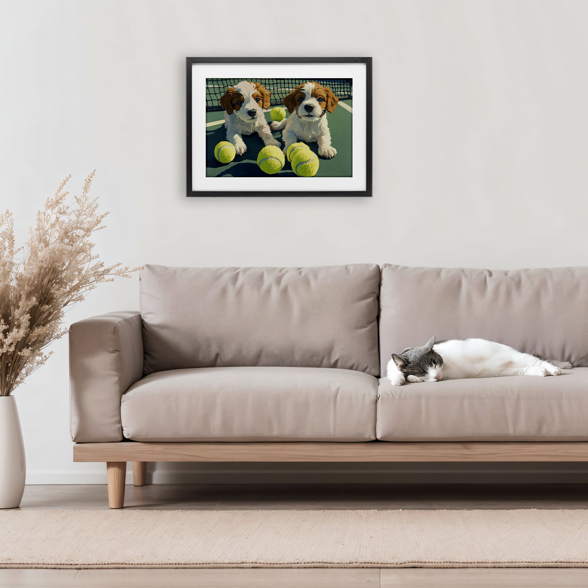 Stupell Industries Playful Puppies with Tennis Balls Black Framed Print Under Glass, design by Imagine It Images