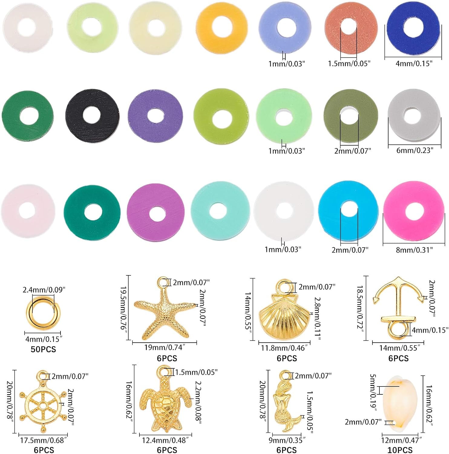 Handmade Polymer Clay Beads 6900 Pcs 3 Sizes 7 Colors Flat Round Spacer Beads with Alloy Pendants and Cowrie Shell Beads for DIY Jewelry Necklace Bracelet Earring Craft Making Mixed Color