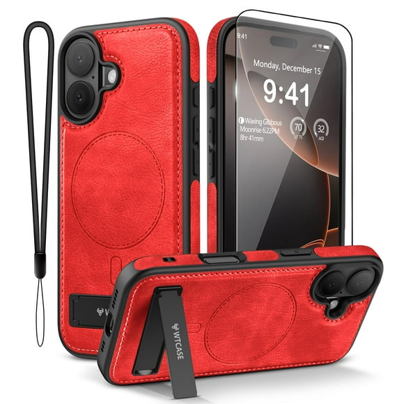 Funda de piel magnética WTCASE con soporte para iPhone 17, color rojo