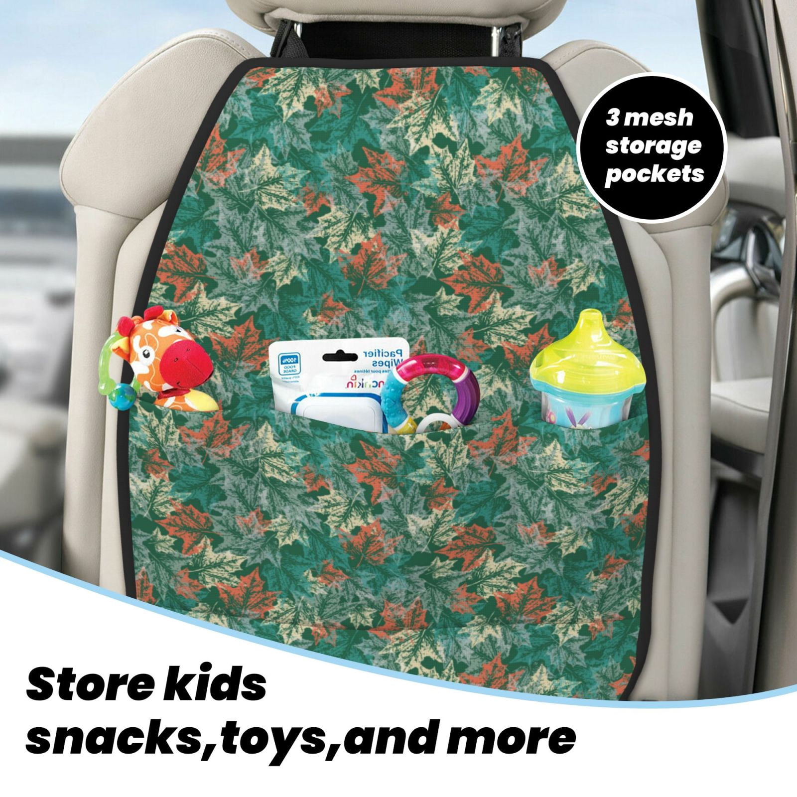 Kdxio Autumn Maple Leaves 1 Print 2 Pack Car Kick Mat Seat Cover Back Protector Mat with Pockets for Organizer Backseat Protector and Storage Anti Kick Pad for Vehicles