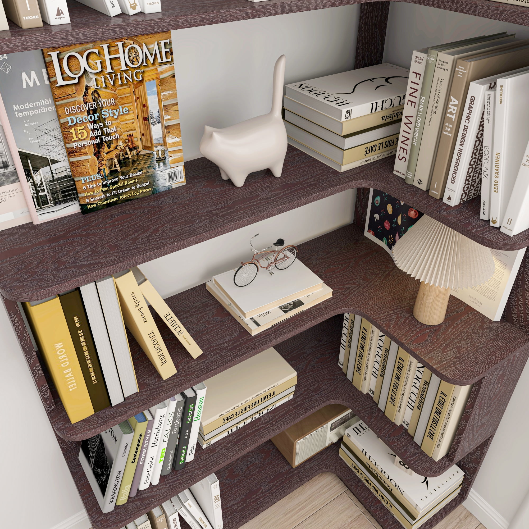 Leumius 5 Tier Freestanding Bookshelf,Wooden L-Shaped Corner Bookcase with Anti-drop Panel and Anti Tipping Device, Display shelf Open Storage,Ox Blood Red
