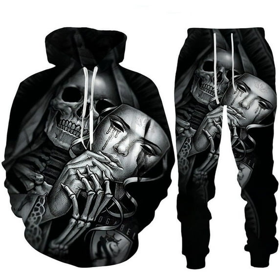Novelty 2 Piece Streetwear Outfit Long Pant Set Sweatsuits Tracksuits 3D Printed Skull Hoodie Pants Set Cool Skeleton Graphic Sweatshirt Jogger Pants