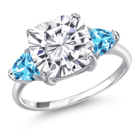 Gem Stone King 10K White Gold Moissanite and Swiss Blue Topaz Engagement Ring for Women | 6.16 Cttw | Cushion 10MM | Gemstone Birthstone | Size 9