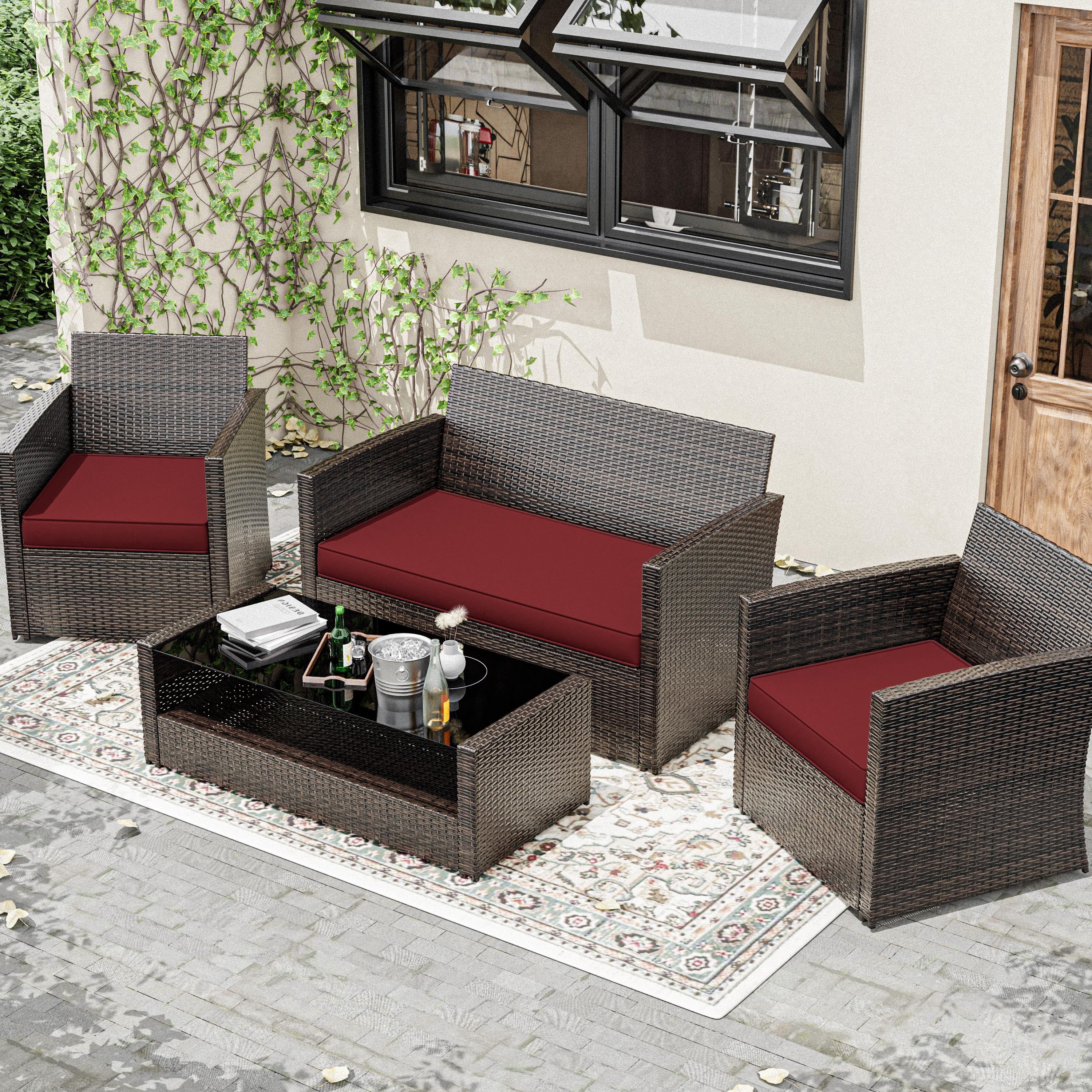 Snubbull 3 Pack Outdoor Replacement Cushions for 4-Seater Wicker Rattan Loveseat Sofa Chair Patio Furniture, 36 x 18 x 3,18 x 18 x 3, Burgundy