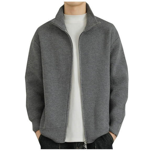 Men's Cardigan Sweater Casual Stand Collar Sweaters Warm Fall Winter Knit Jackets Zip Up Sweater Gray XL