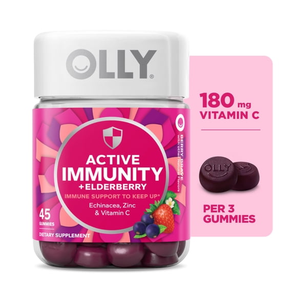 OLLY Active Immunity Elderberry Gummy Supplement, Daytime Immune Support for Adults, 45 Count