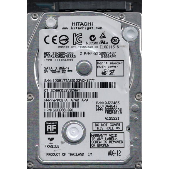 Hitachi HTS545050A7E380 MLC: DA4847 P/N: 0J23485 500GB Thailand