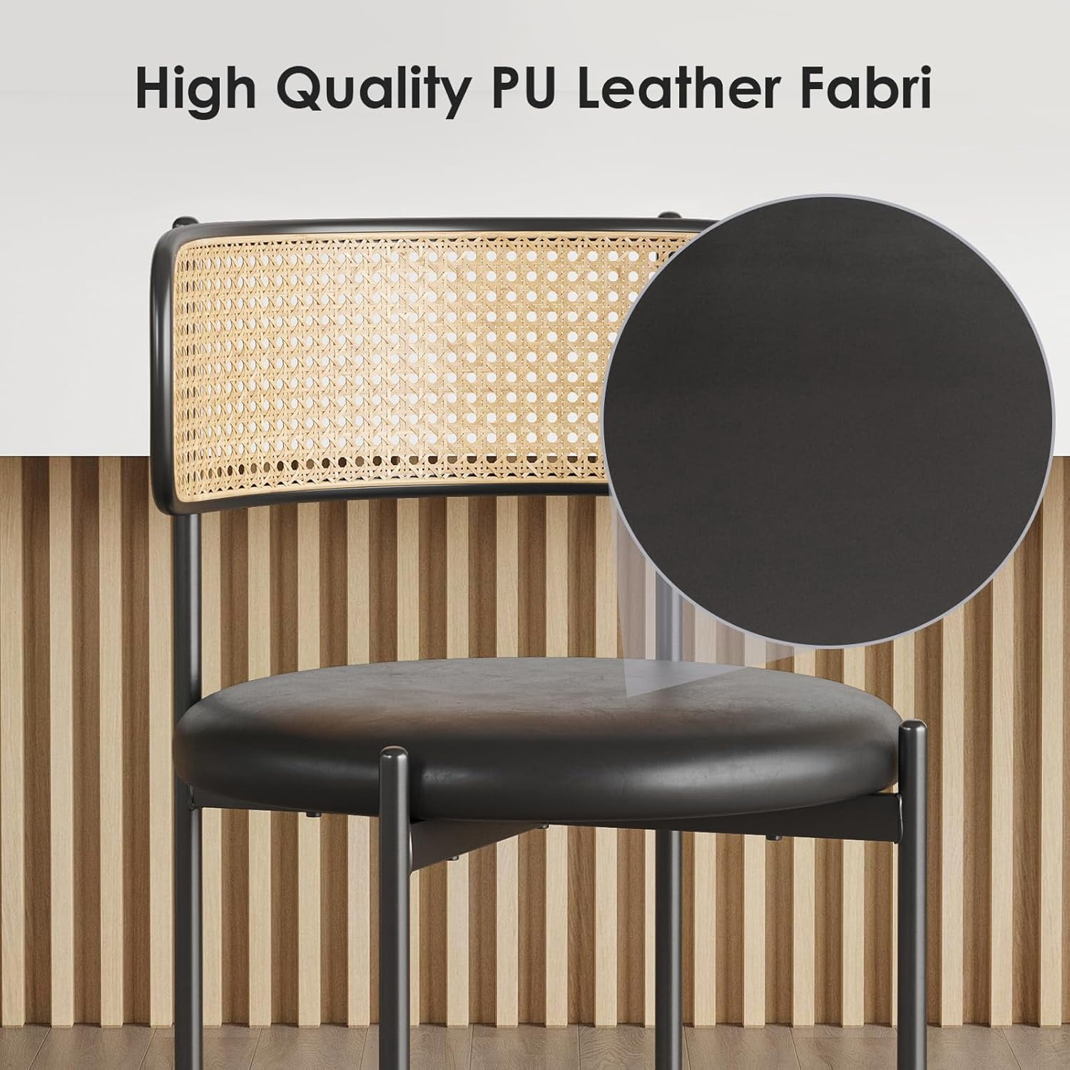 Farini Dining Chairs Set of 4, Upholstered PU Leather & Woven Rattan Side Chairs with Metal Legs for Kitchen, Dining Room, or Cafe, Black