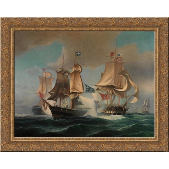 Sea Battle 24x20 Gold Ornate Wood Framed Canvas Art by Ioannis Altamouras