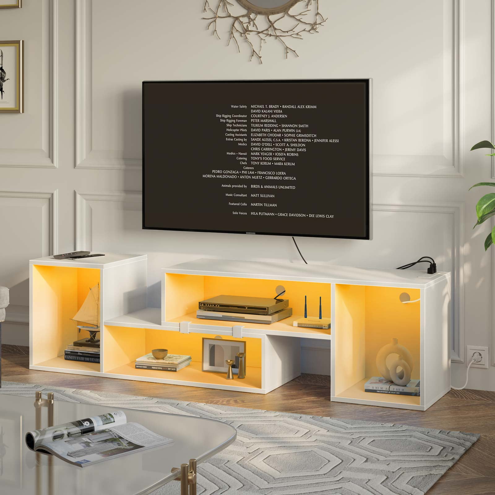 Rolanstar Modern Deformable TV Stand with LED Strip & Power Outlets for
