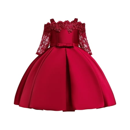 

LWZWM Christening Dresses for Baby Girl Prom Dress Short Sleeve Crew Neck Embroidery Lace Bowknot Birthday Gown Gifts for Teenage Girls Wine 7-8 Years