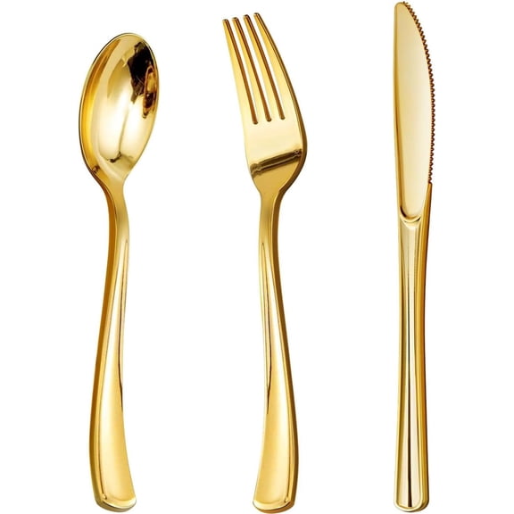 75 Pieces Heavy Duty Gold Disposable Plastic Cutlery Set, 7.4In Forks 6.9In Spoons 7.9In Knives for Party & All Occasions