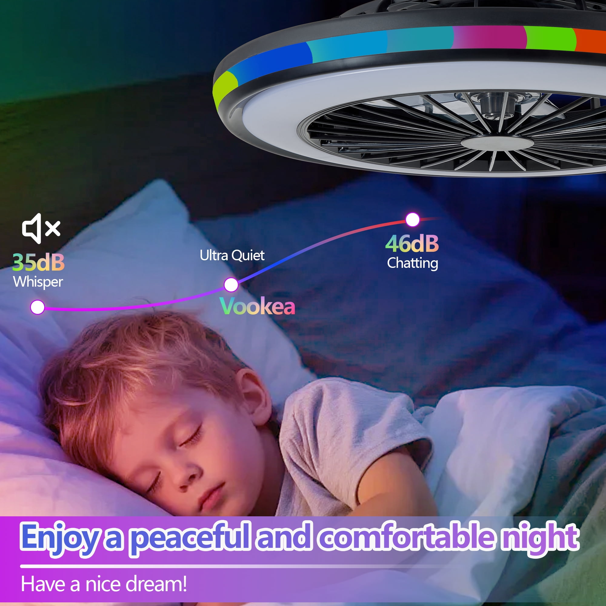 Miniyam 20" LED RGB Ceiling Fan Lights and Remote Control, 6 Speed, Dimmable Fandelier for Bedroom, 3000/4500/6000K, Black