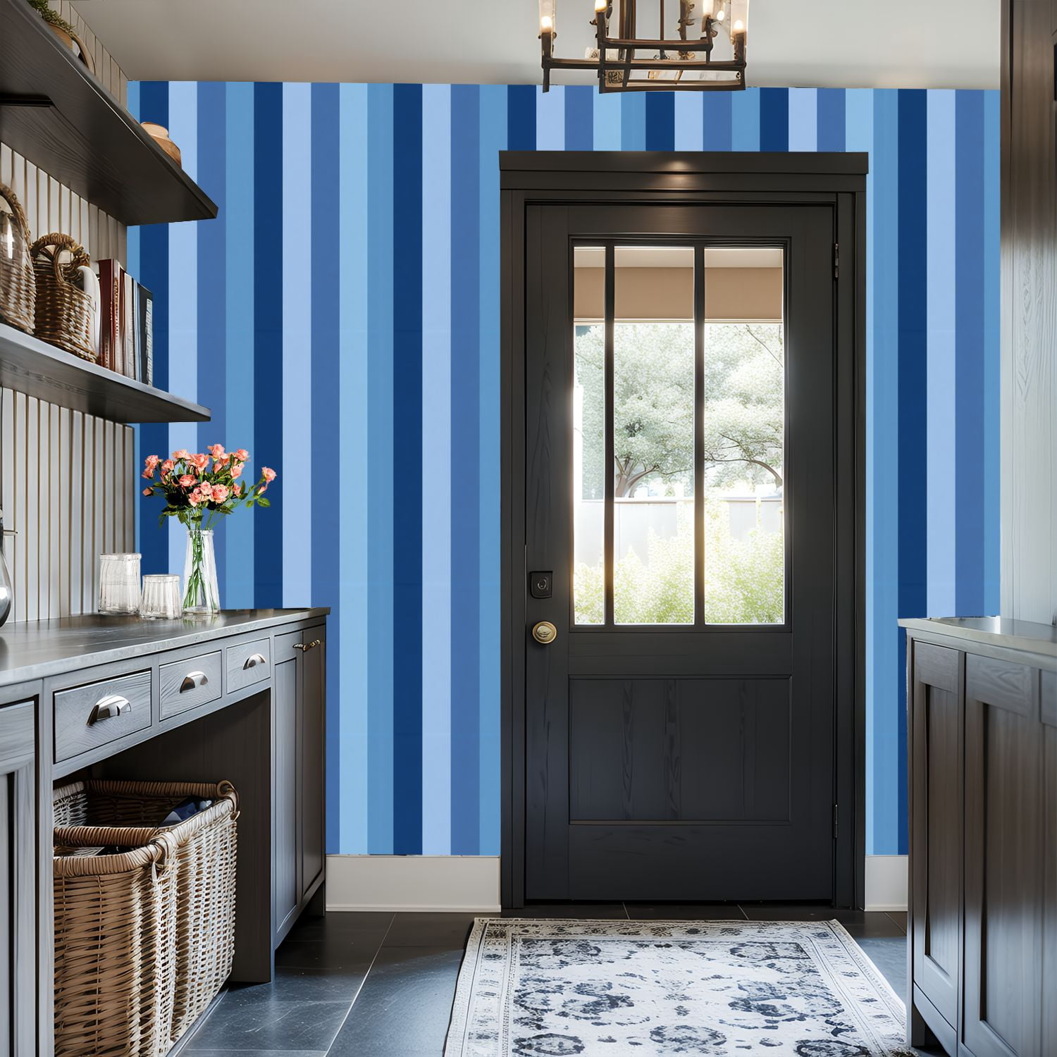 Peel and Stick Wallpaper Blue Stripes Varying Shades Blue Light Blue Wall Mural 17.7in x 9.8ft Self Adhesive Removable Wall Paper Renter Friendly Wallpaper for Nursery Bedroom Cabinets