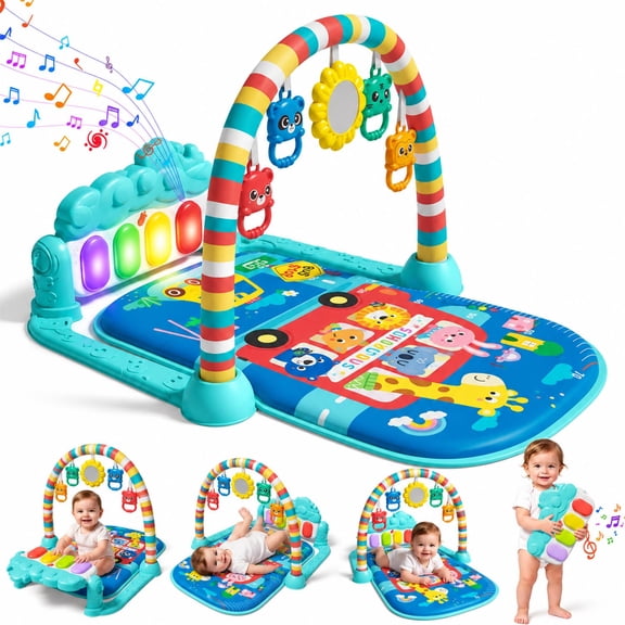 WondertStone Baby Gym Play Mat, Tummy Time Mat with Music & Light, Play Piano Activity Mat for Floor, Newborn Toys for 0-12 Months, Blue