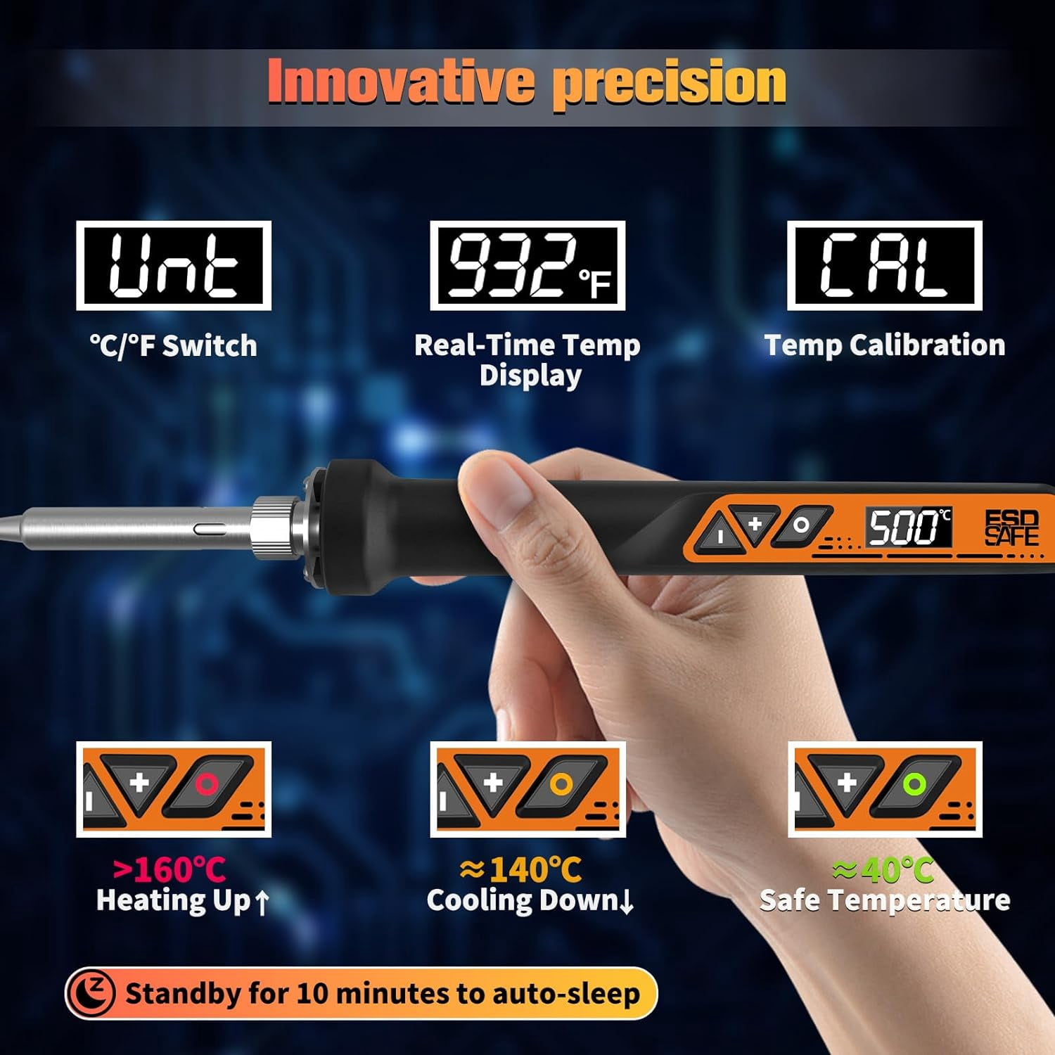 Soldering Iron, 160W Soldering Tool, LED Display Temperature Control Accurate 392°F-932°F, with ON/OFF Switch, 3 Iron Tips, Stand,Flux, Automatic Sleep Mode