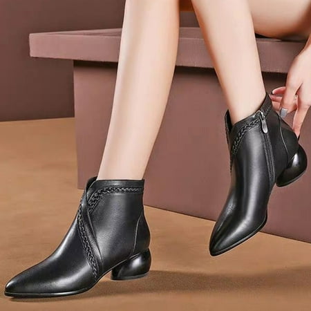 

uikmnh Boots For Women Women S Winter Pointed Toe Side Zip Ankle Bare Boots Casual Round Heel Booties Black 8