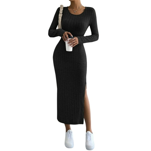 Women'S Fall Long Sleeve Casual Ribbed Knit Slim Fit Elegant Crew Neck Side Slit Maxi Dresses Black L