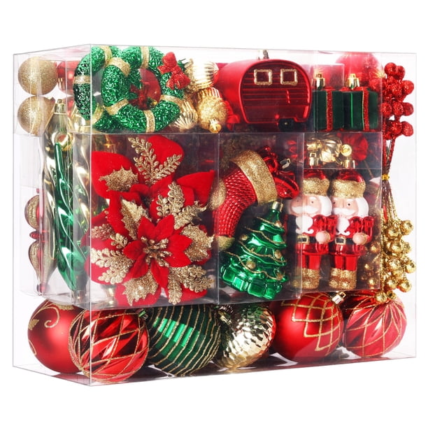 SHareconn Juego de 135 bolas de Navidad de adornos de plástico irrompibles para árbol de Navidad, decoraciones de fiesta de boda con cuerdas para colgar, rojo, verde y dorado