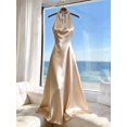 thumbnail image 4 of Apricot Satin Draped Halter Neck Maxi Dress For Women, Elegant Flowing Evening Gown, Relaxed Fit, 4 of 7