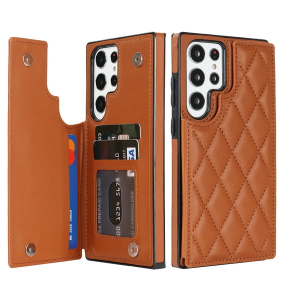 for Samsung Galaxy S22 Ultra Wallet Case with Card Holder RFID Blocking,Dimaond Patterned Elegent PU Leather,Double Back Flip Kickstand Magnetic Clasp Durable Shockproof Cover,Brown