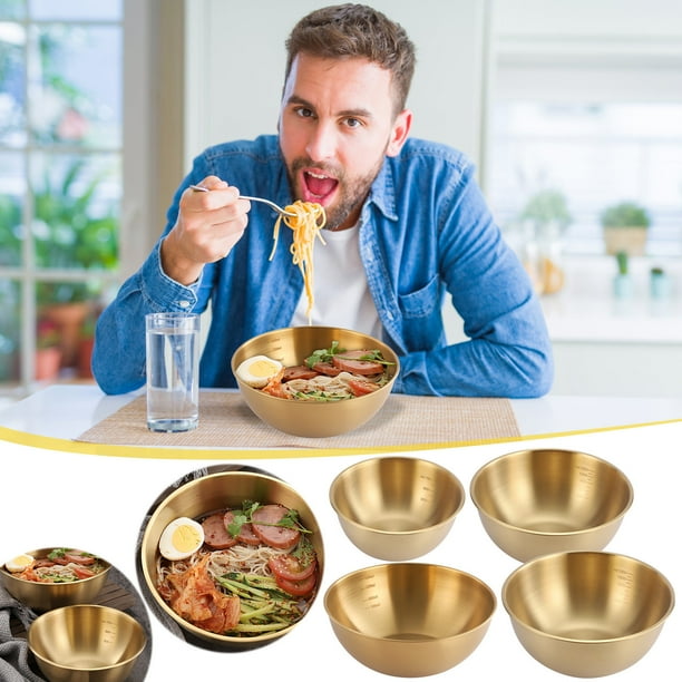 Cuenco de acero inoxidable con báscula | Vía gruesa | Acabado brillante | Vajilla duradera para fideos fríos, arroz, fruta | Borde Ancho y Plano | Vertido Fácil | Base estable | Multi-tamaño