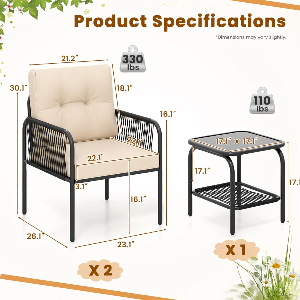 Hommoo 3-Piece PE Rattan Outdoor Bistro Set, Cushions, Black Wicker, Tempered Glass Coffee Table for Patio, Yard & Poolside, Beige
