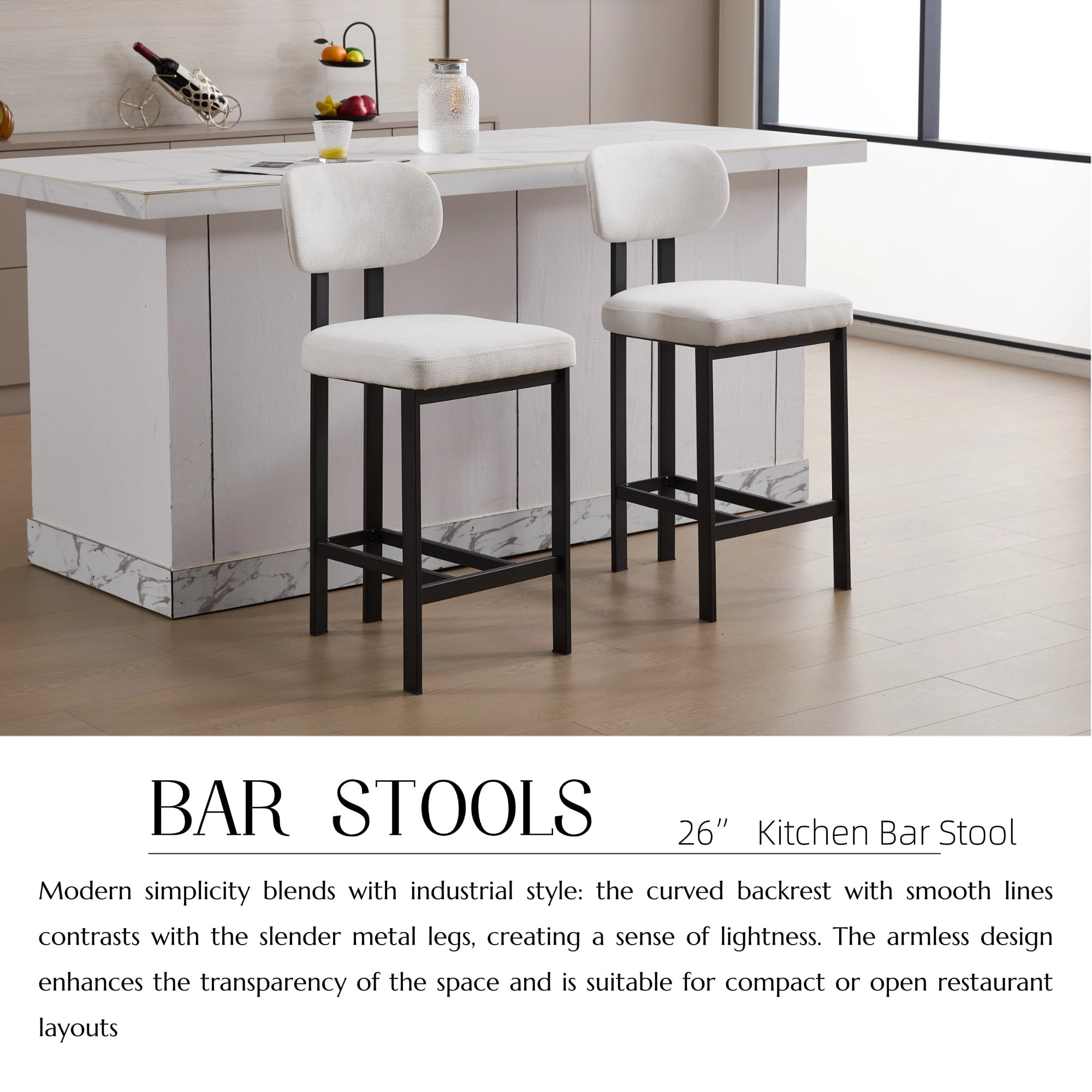 Upholstered Counter Height Bar Stools Set of 2 26 Inch with Plush Cream Fabric Cushion and Black Metal Legs for Kitchen Island