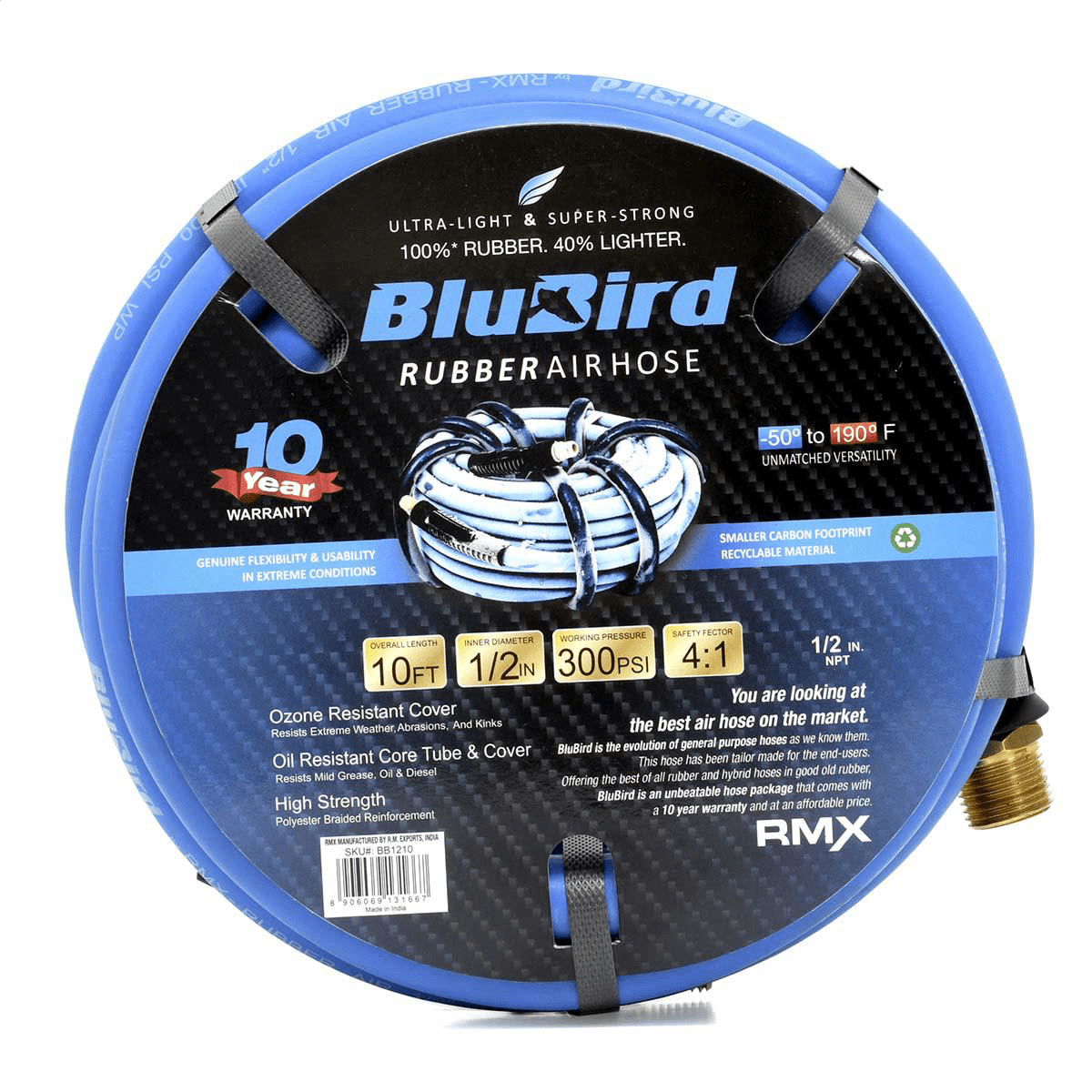 BluBird BB1250 1/2" x 50' Lightweight Polyester Braided Rubber Air Hose