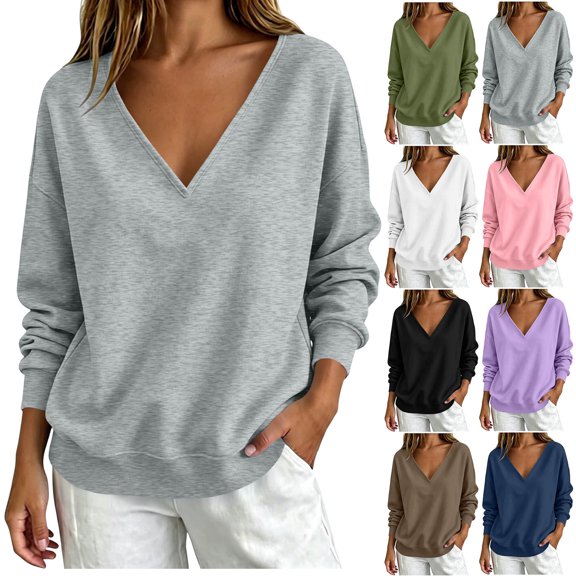 Loose Sweatshirts for Women Deep V Neck Long Sleeve Loose Drop Shoulder Solid Basic Pullover Tops Casual Lounge Sweatshirts