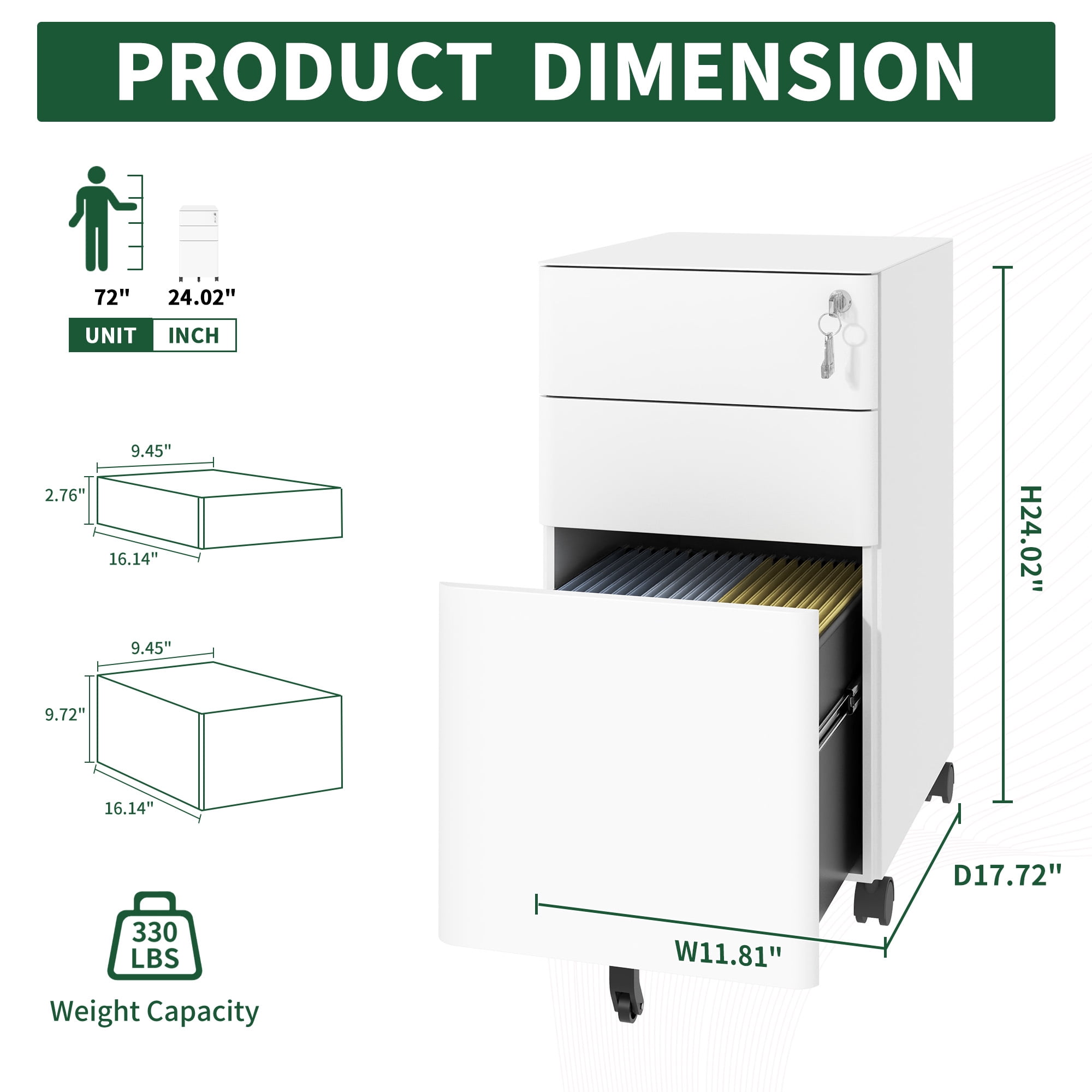 HOQBN 3-Drawer Mobile File Cabinet with Lock,Metal Storage Cabinet on Wheels,Two Shallow & One Deep Drawer for Office/Home,White