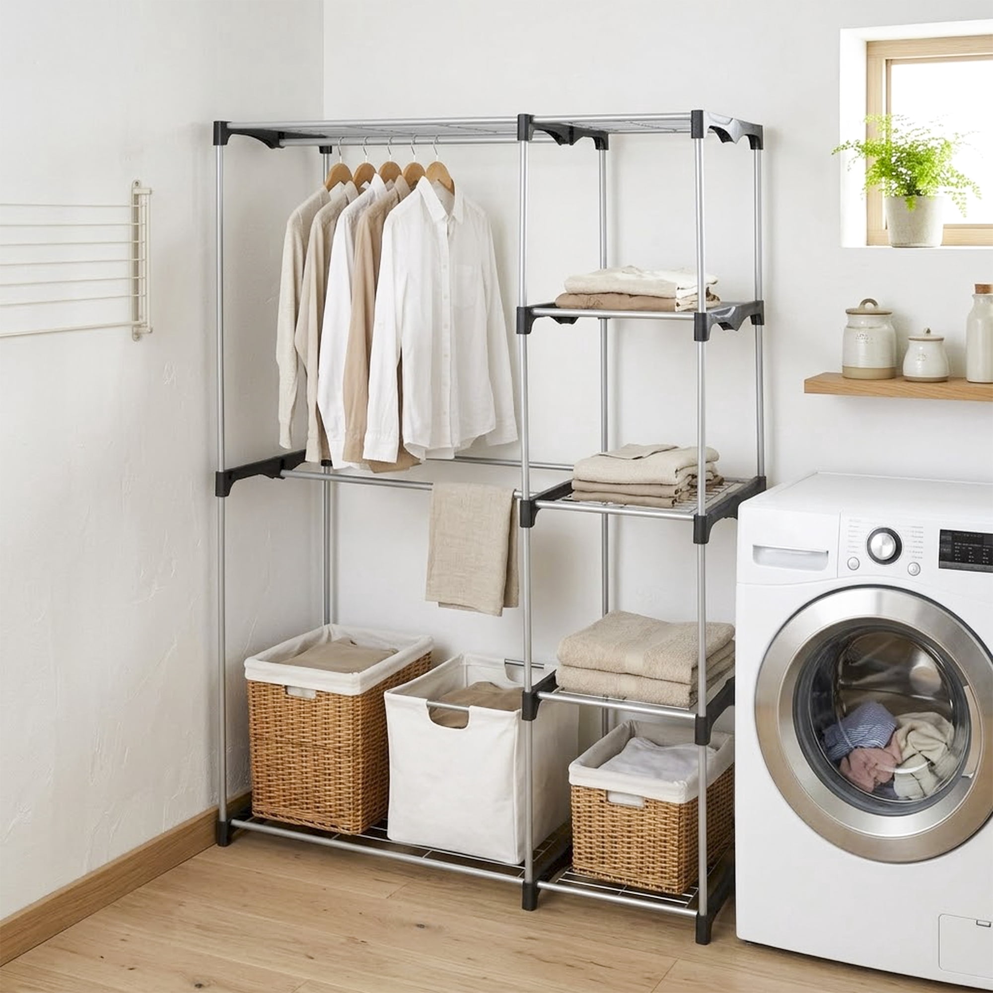 Mainstays 4-Shelf Metal Wire Closet Organizer with 2-Tier Clothes Rack
