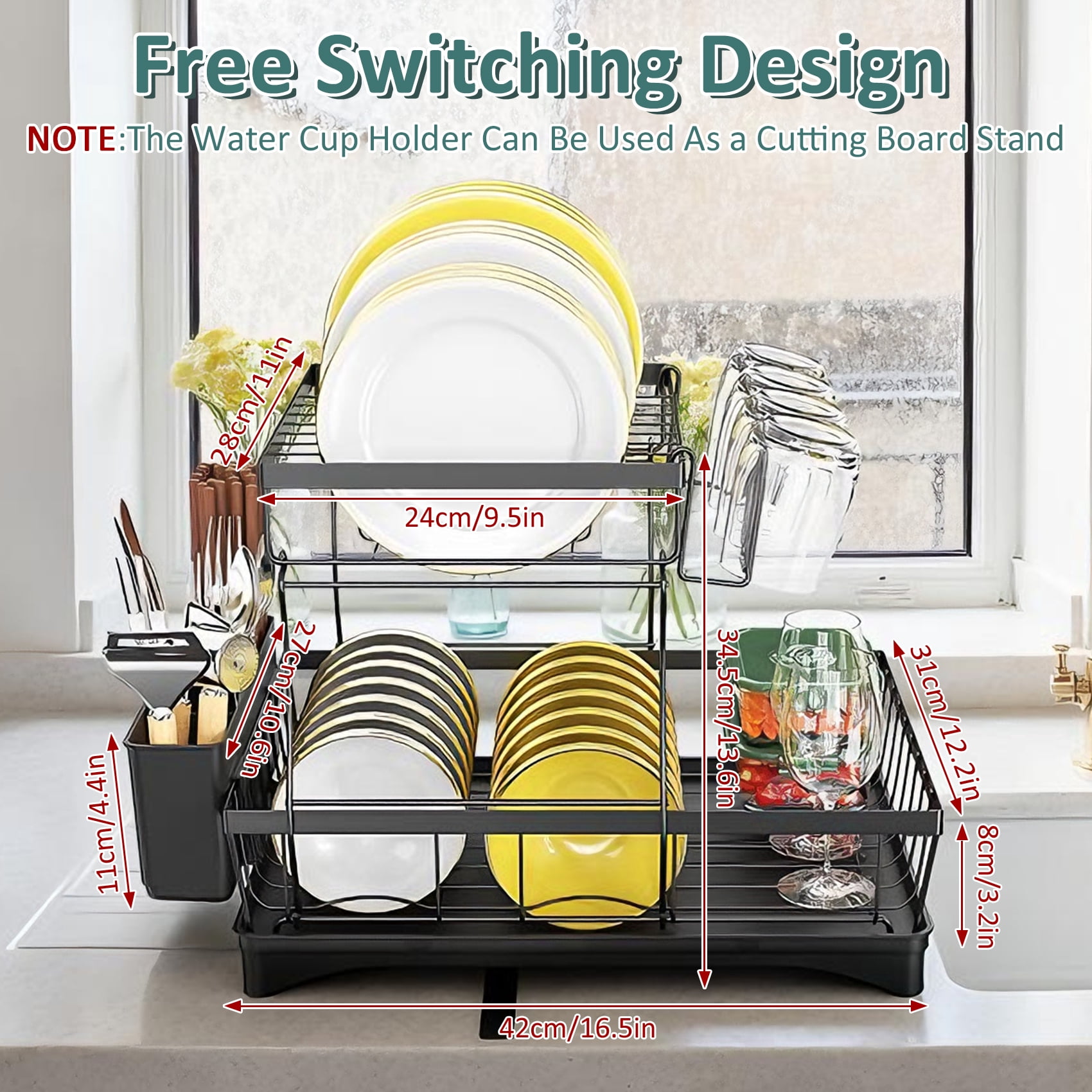 Glovv 2 Tiers Detachable Dish Drying Rack, Collapsible over the Sink Dish Rack, Versatile Racks for Kitchen Counter with Auto Drainage System and Breathable Mesh, Black