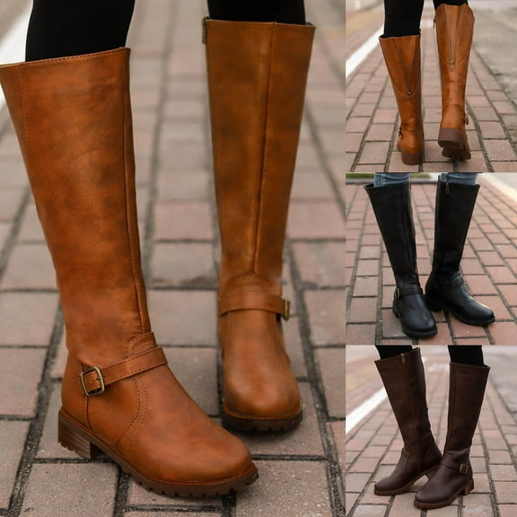 Hinvhai Women's Knee High Boots - Stylish and Comfortable Round Toe Flat Tall Casual Riding Combat Boots with Side Zipper Closure for Fall and Winter Wear for Women Coffee 9.5(43)