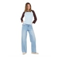 thumbnail image 2 of Forever 21 Women's Light Blue & Brown Varsity Raglan Crew Neck 3/4 Sleeve Top, for Casual Everyday Style, XS, 2 of 6