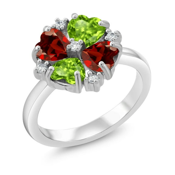Gem Stone King 925 Sterling Silver Green Peridot and Red Garnet Ring for Women (2.18 Cttw, Heart Shape 5MM, Gemstone August Birthstone, Size 7)