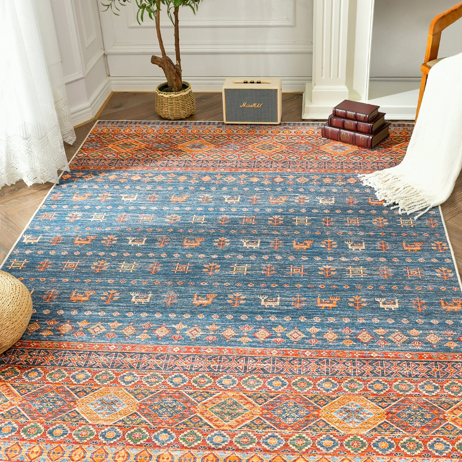 Jinchan Vintage Runner Rug 3x5 Blue Foldable Hallway Persian Area Rug
