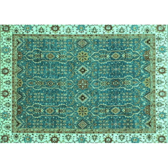 Ahgly Company Machine Washable Indoor Rectangle Oriental Turquoise Blue Traditional Area Rugs, 7' x 10'