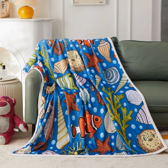 Flannel Throw Blanket Ocean Theme 60"x80" Soft and Lightweight for Couch, Bed, and Home Decor (Blue)
