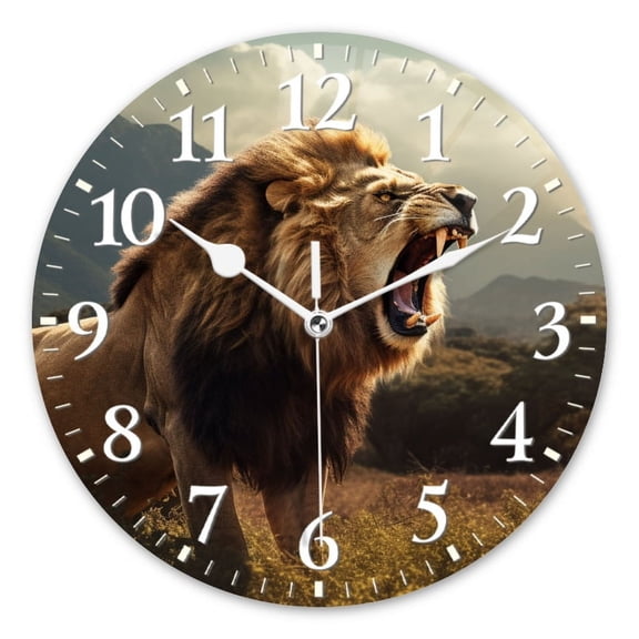 Non-Ticking Silent Wall Clocks Battery Operated Personalized Decor Clock for Living Room,Bedroom-Majestic Lion Roaring In The African Savanna With Mountains(16inch)